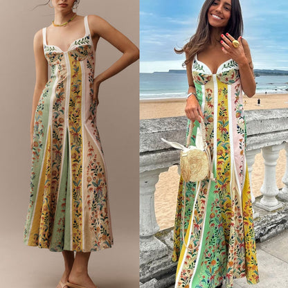 Elegant Linen Print Strapless Dress with Loose Fit for Spring and Summer Vacation