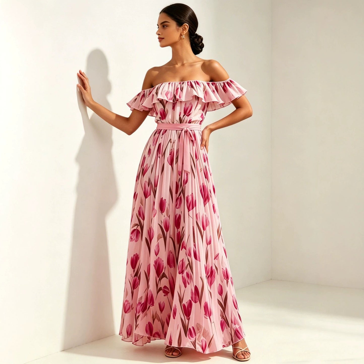 Printed long skirt with waist cinching and large swing dress