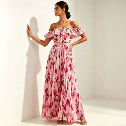 Printed long skirt with waist cinching and large swing dress