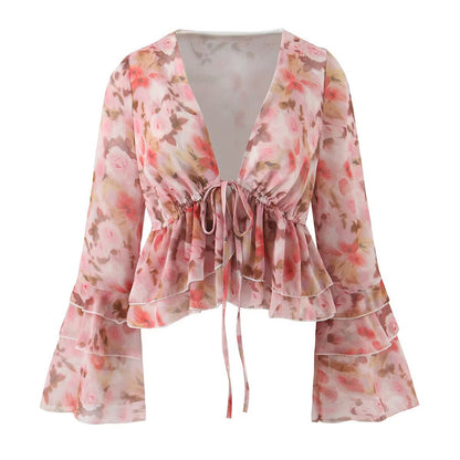 New Women's Fashionable Chic French Flared Sleeve Tie-Print Blouse