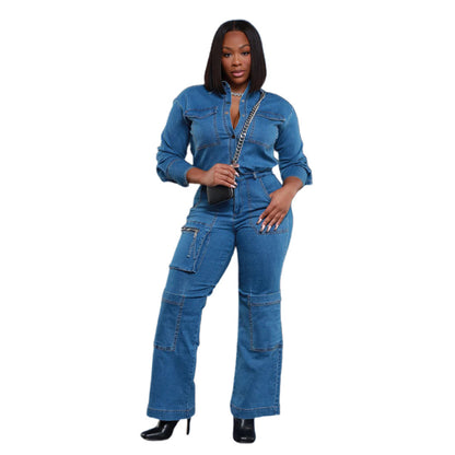 Losse elastische lange mouwen cargo denim jumpsuit