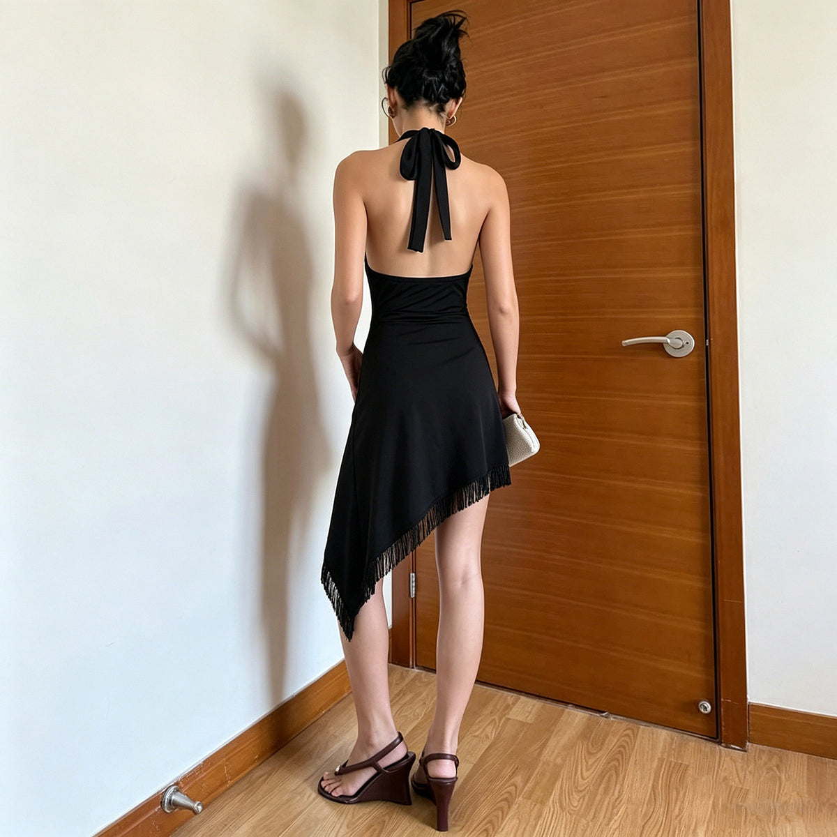 Sexy Tassel Patchwork Deep V Halter Neck Dress