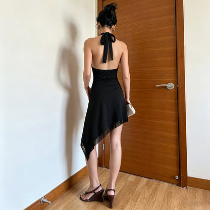 Sexy Tassel Patchwork Deep V Halter Neck Dress