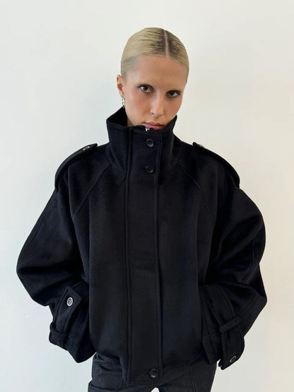 Womens Stand Collar Wool Blend Coat