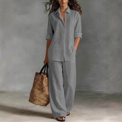 Casual katoen-linnen blouse en broekset voor dames