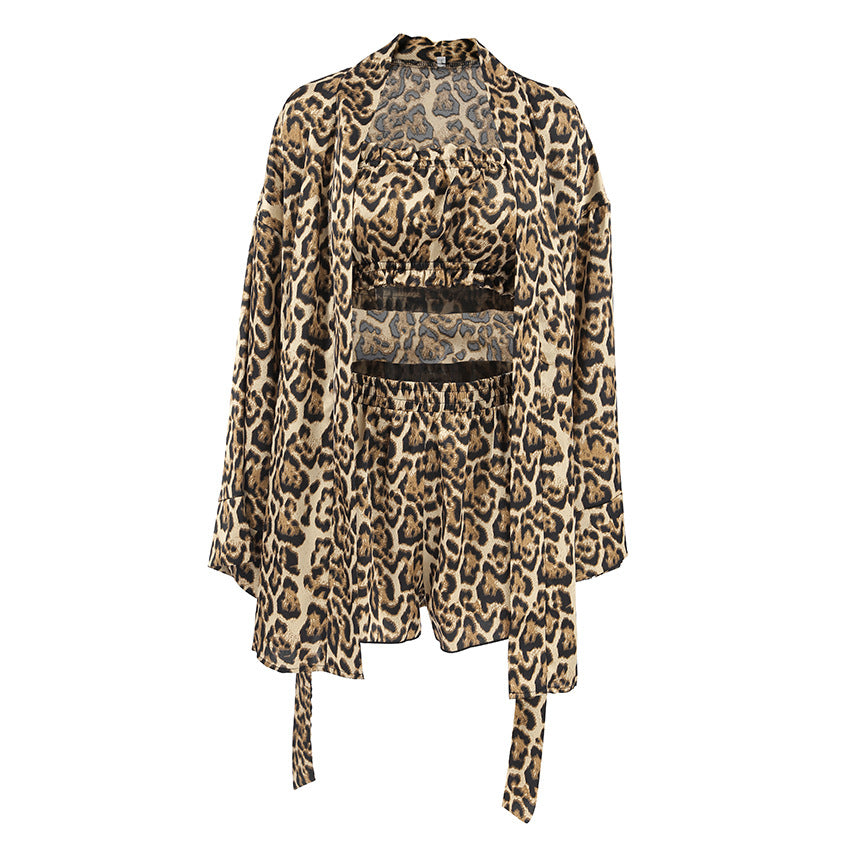 Summer Fashion Leopard Print 3-Piece Sleepwear Set, Lightweight Long Sleeve Crop Top amp Shorts, Stylish Women's Loungewear