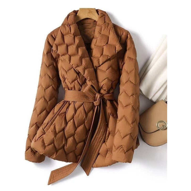 Women's Waist-Cinching Geometric Pattern Cotton Padded Coat