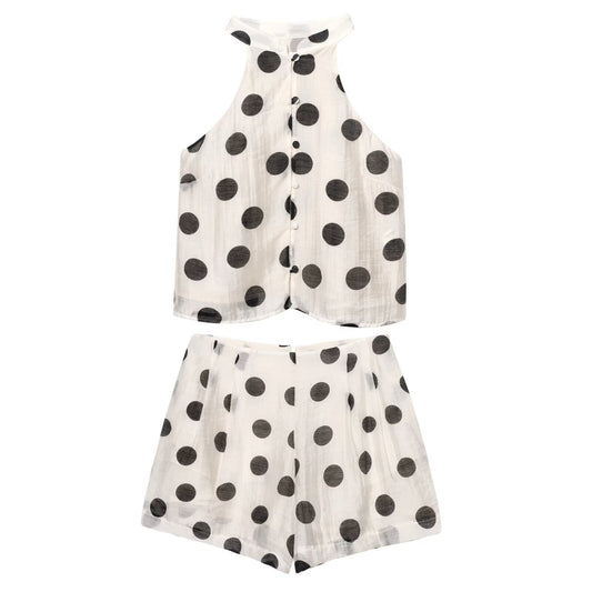 Polka neck top+casual shorts set for women