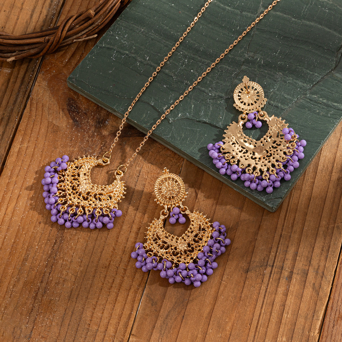 Bohemian retro oorbellen en ketting set met belletjes