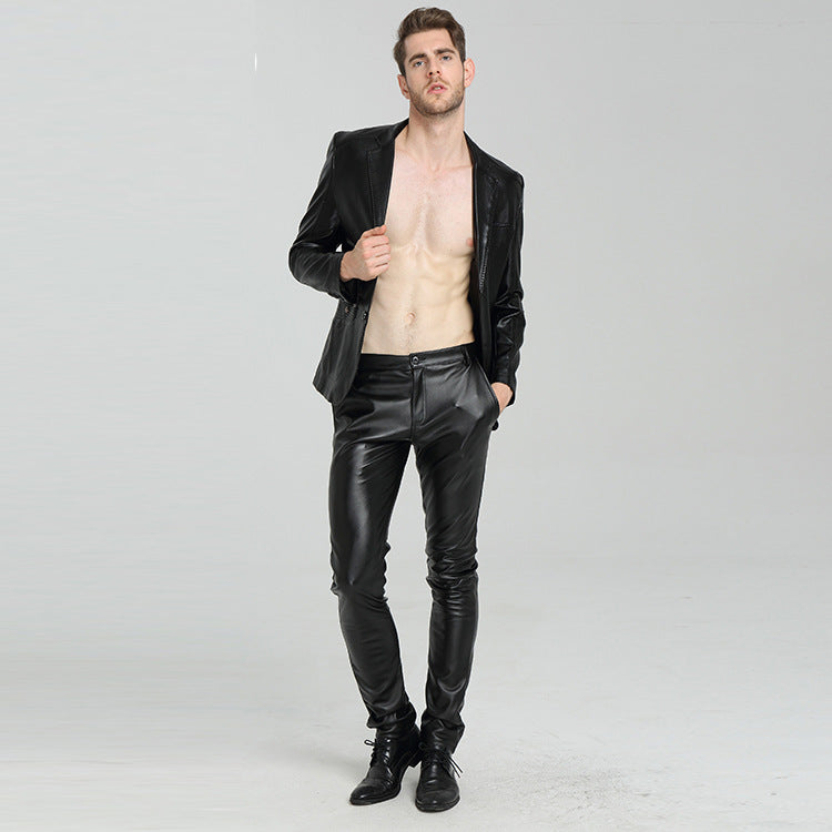 2025 new spring and autumn leather pants men's fashion skinny motorcycle leather pants thin plus size PU trousers wholesale