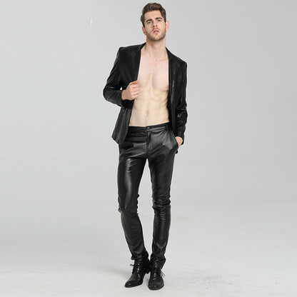 2025 new spring and autumn leather pants men's fashion skinny motorcycle leather pants thin plus size PU trousers wholesale