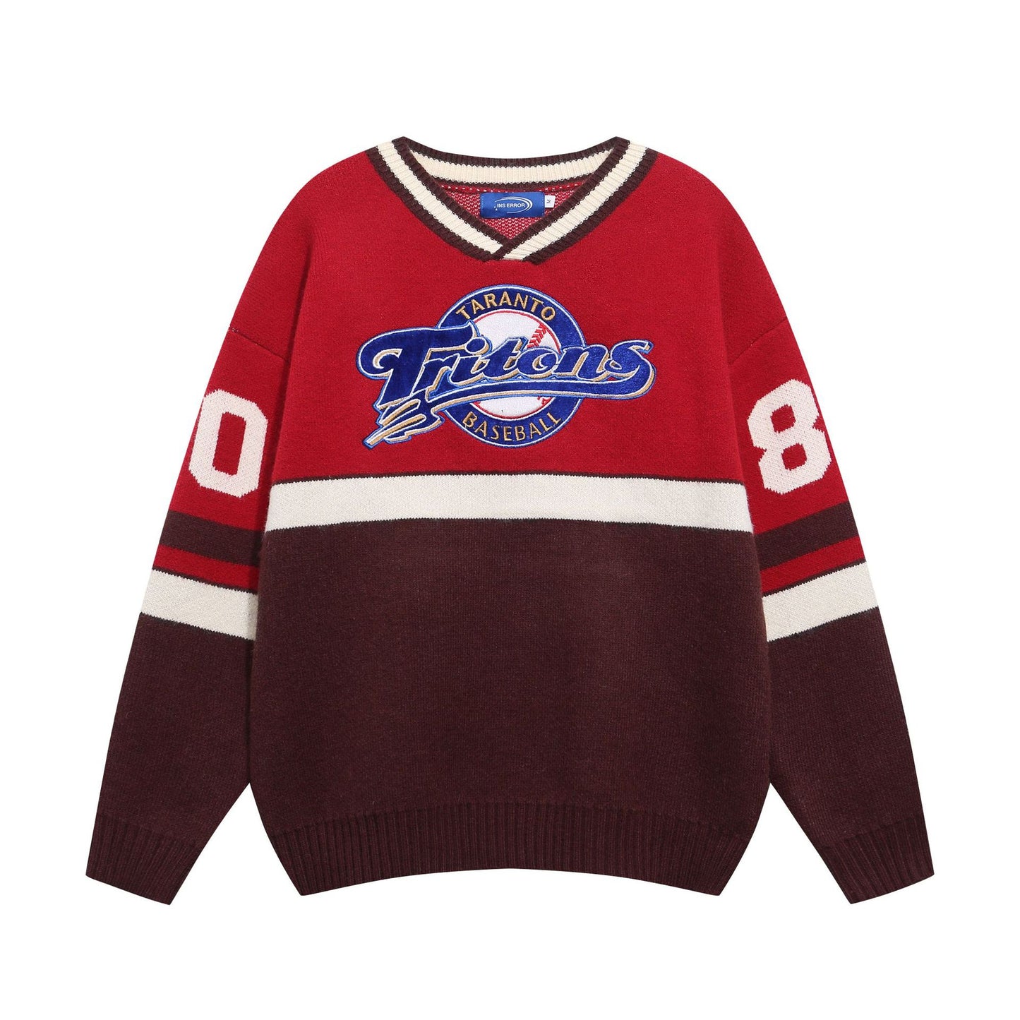 Color blocked letter embroidery V-neck sweater
