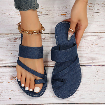 Plus Size Denim Pullover Toe Solid Color Casual Style Flat Sandal Women's Slippers