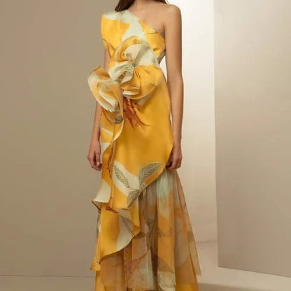 French Retro Printed Oblique Shoulder Dress