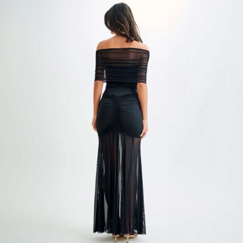 Two piece set of strapless pleated mesh spliced slim fit dress