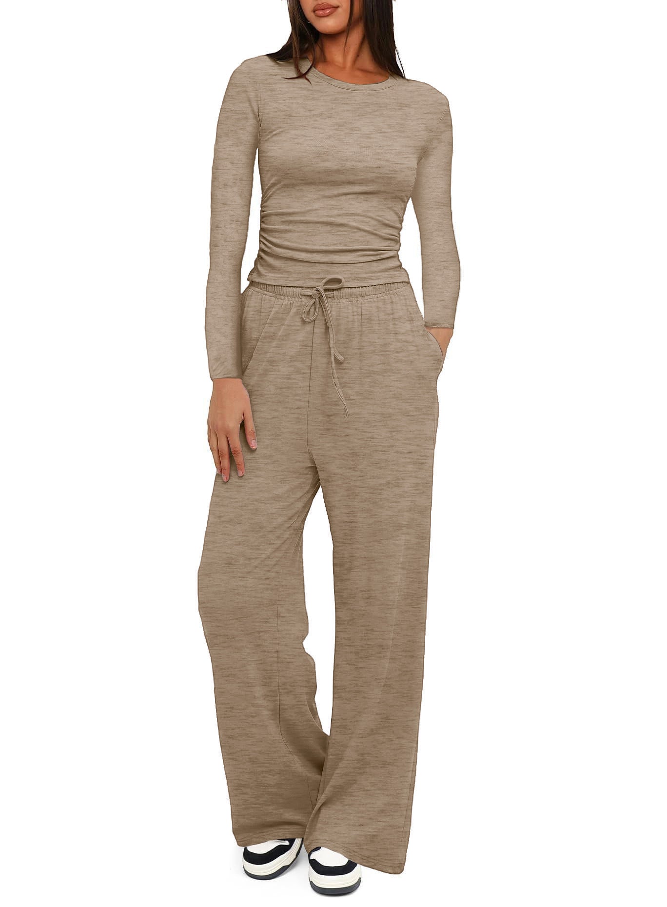 Casual Solid Color Long Sleeve Top & High-Waisted Wide Leg Pants Set Sportswear