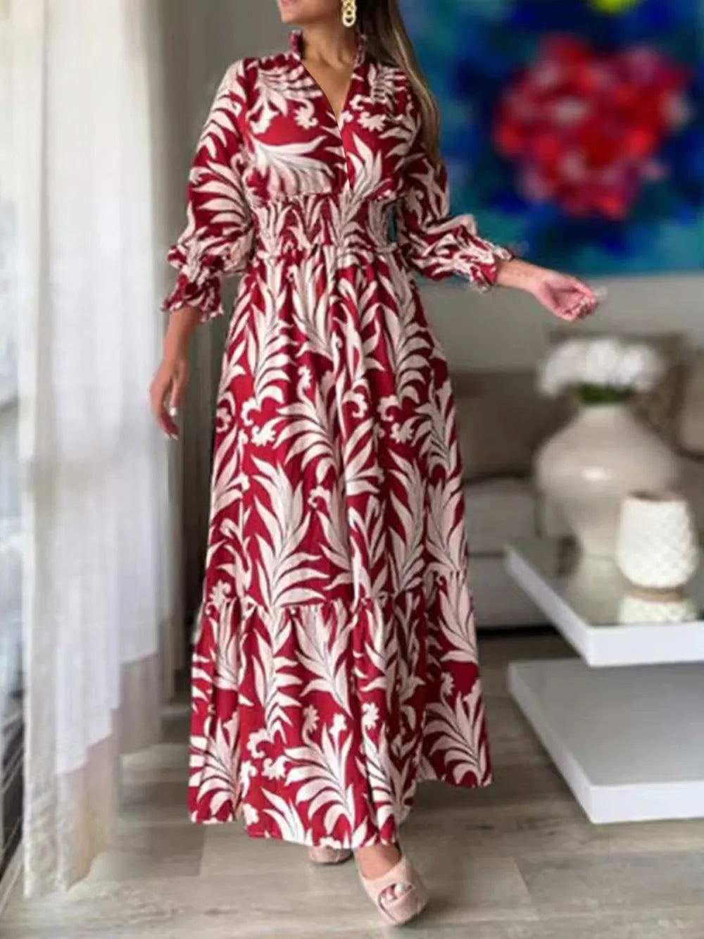 Maxi-jurk met print en ruchesmouwen