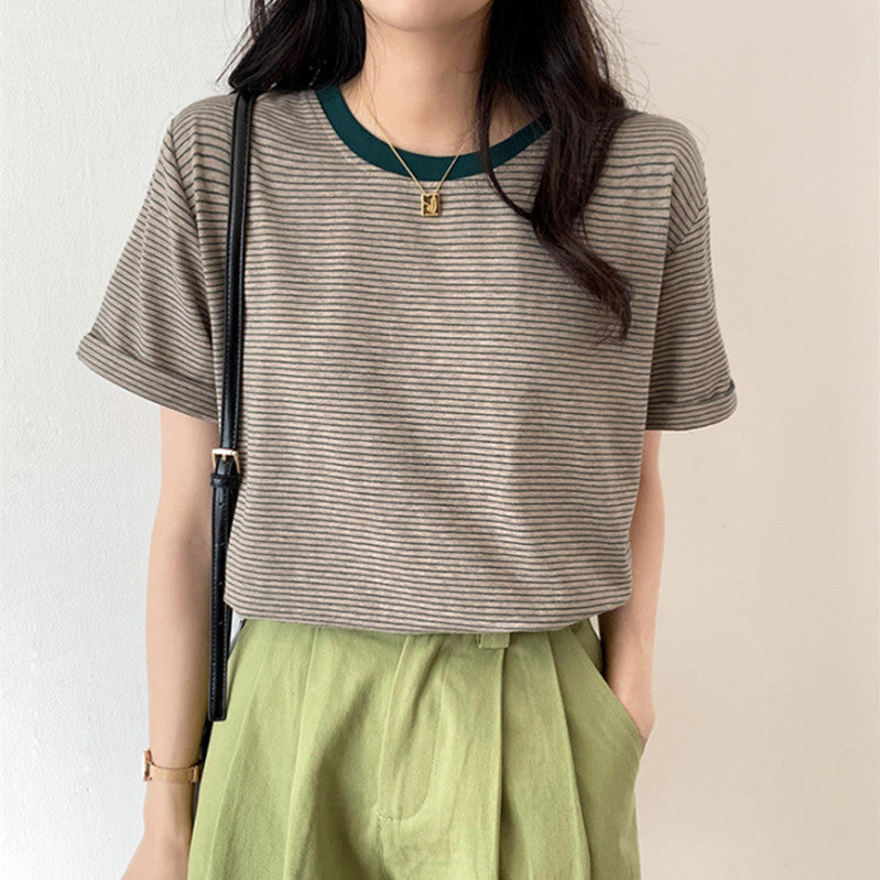 Striped T-Shirt Short Sleeve Women's Summer Casual Round Neck Loose Fit Trendy Minimalist Student Top