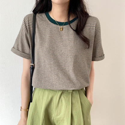 Striped T-Shirt Short Sleeve Women's Summer Casual Round Neck Loose Fit Trendy Minimalist Student Top