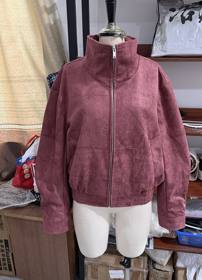 Women's Solid Stand Collar Zipper Non-Iron Bomber Jacket