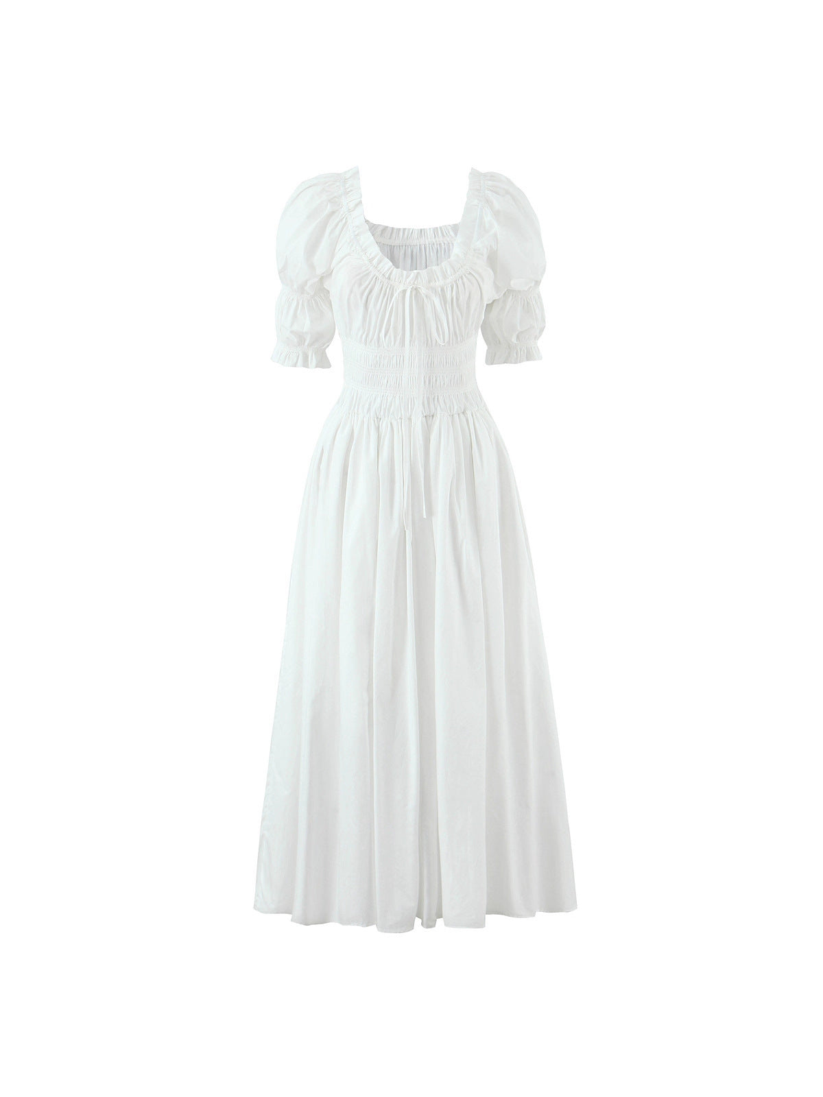 Elegant Retro Puff Sleeve Cotton Dress with Cinched Waist