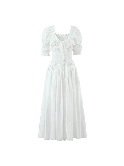 Elegant Retro Puff Sleeve Cotton Dress with Cinched Waist