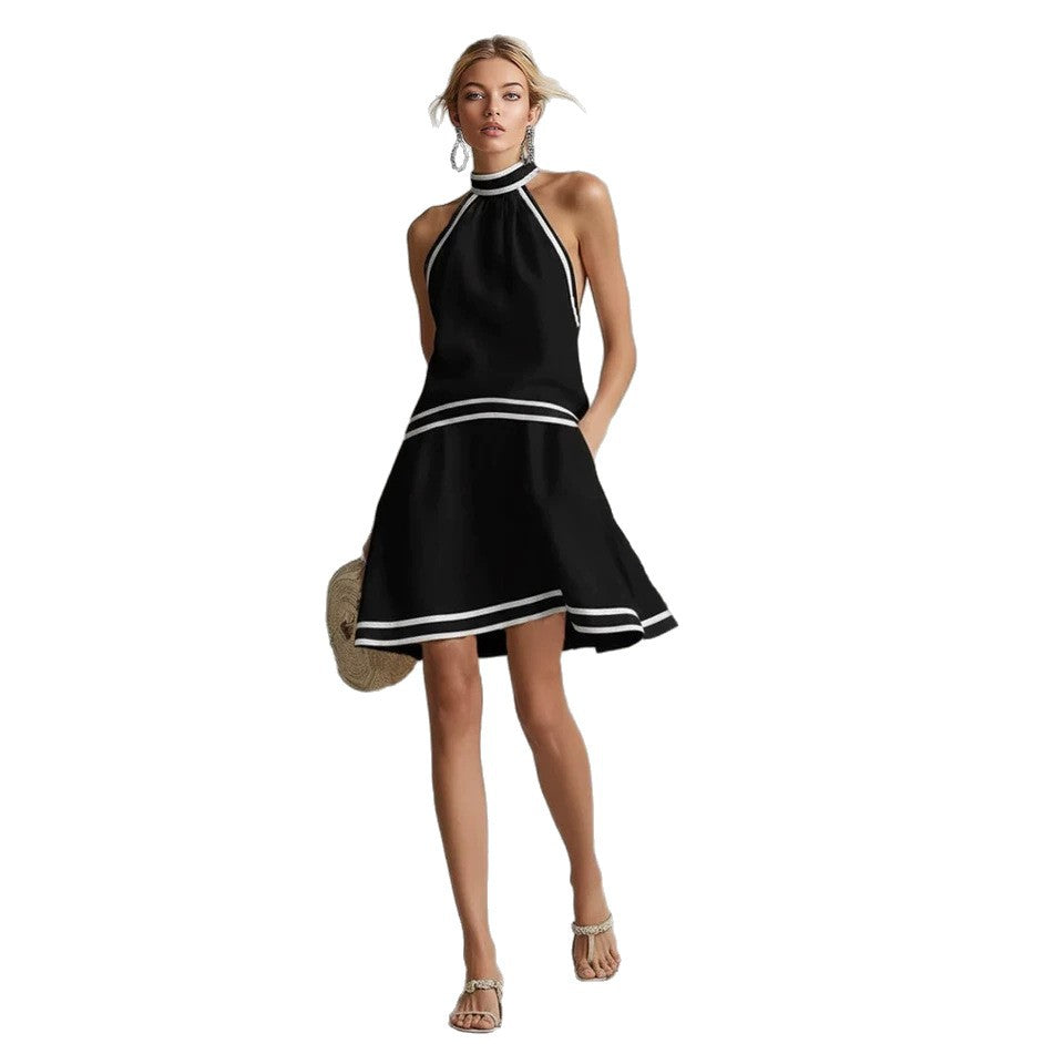 Halter Neck Striped Trim Dress