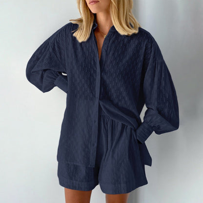 Dames jacquard blouse met lange pofmouwen en bijpassende shorts