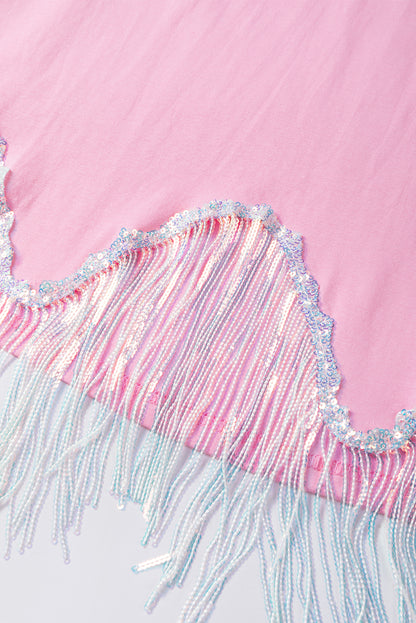 Cropped T-shirt met franjes pailletten en korte mouwen
