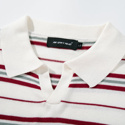 Striped short sleeved V-neck polo shirt