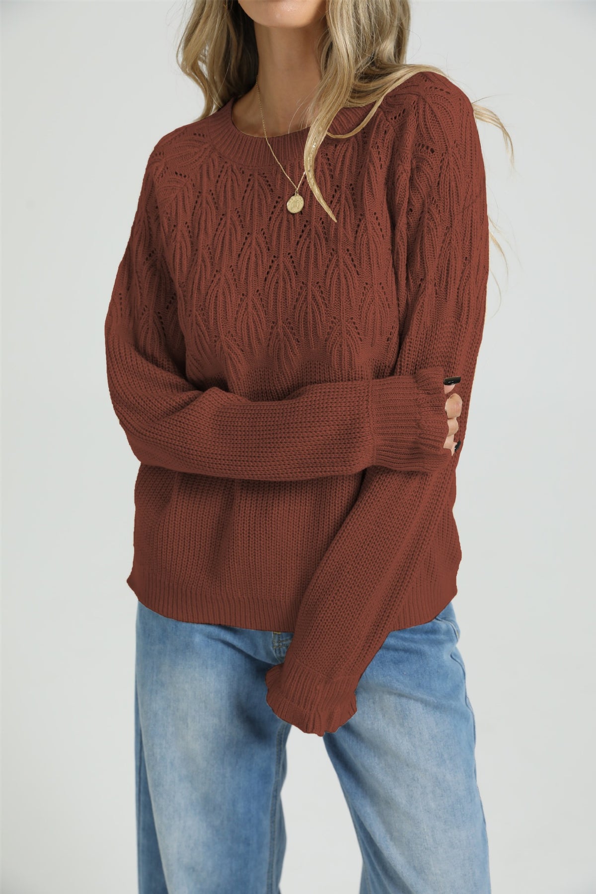 Women's Loose Round Neck Long Sleeve Solid Thick Knit Pullover Sweater