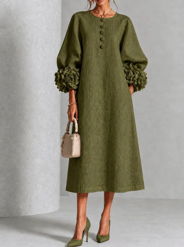 Elegant Floral Sleeve Cotton Linen Dress