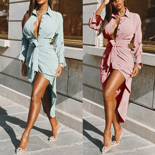 Dames overhemdjurk met slanke pasvorm plooien ceintuur en knoopsluiting