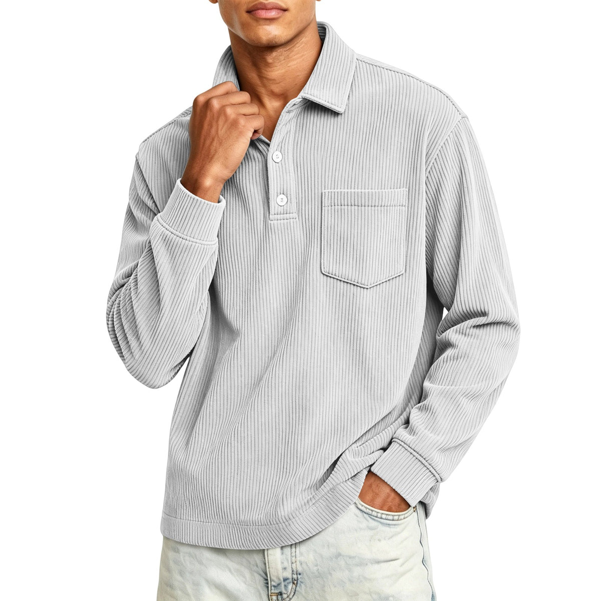 Heren corduroy poloshirt met halve knoopsluiting en lange mouwen