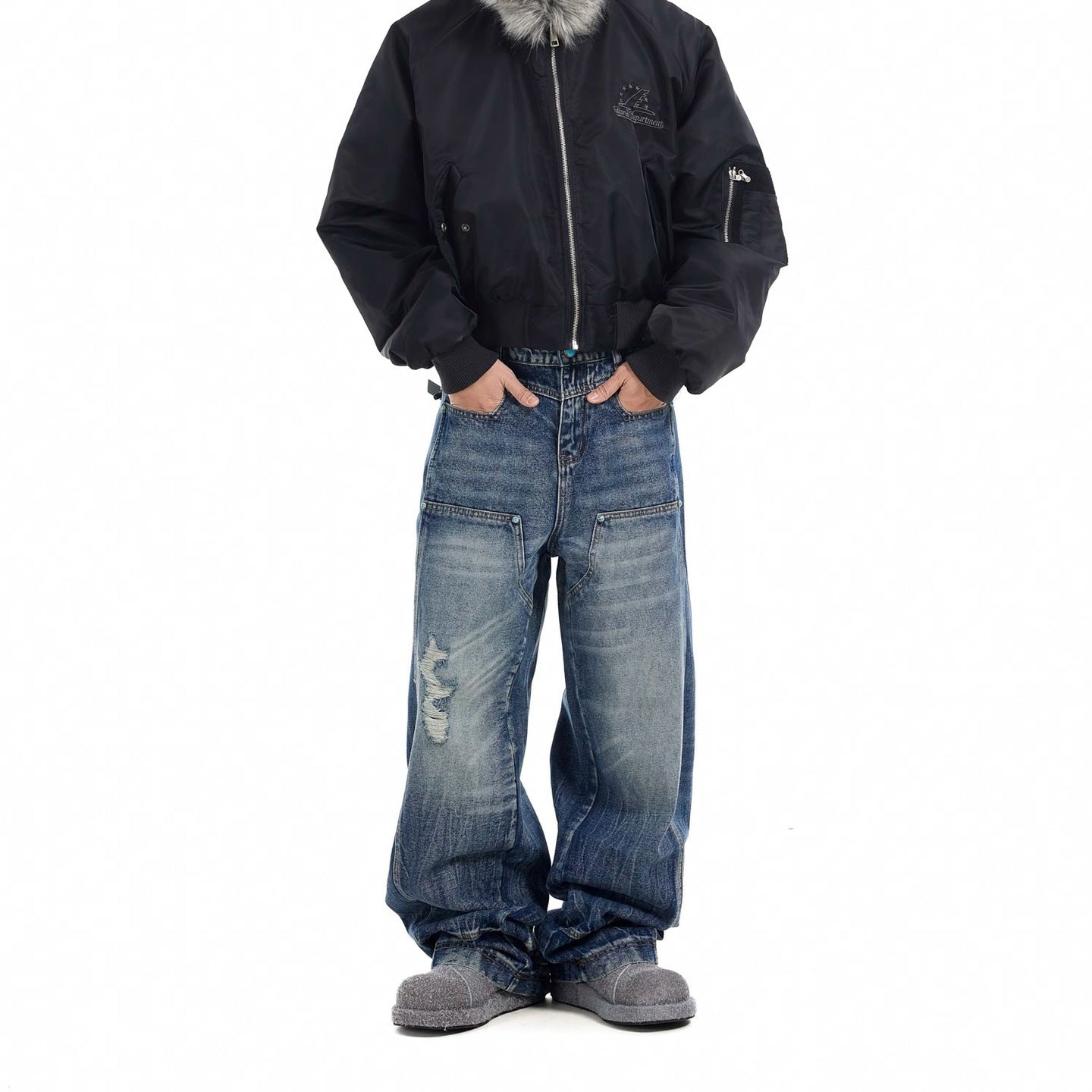 Style Unisex Water-Washed Ripple Distressed Blue Denim Pants, Patchwork Straight Leg Casual Jeans