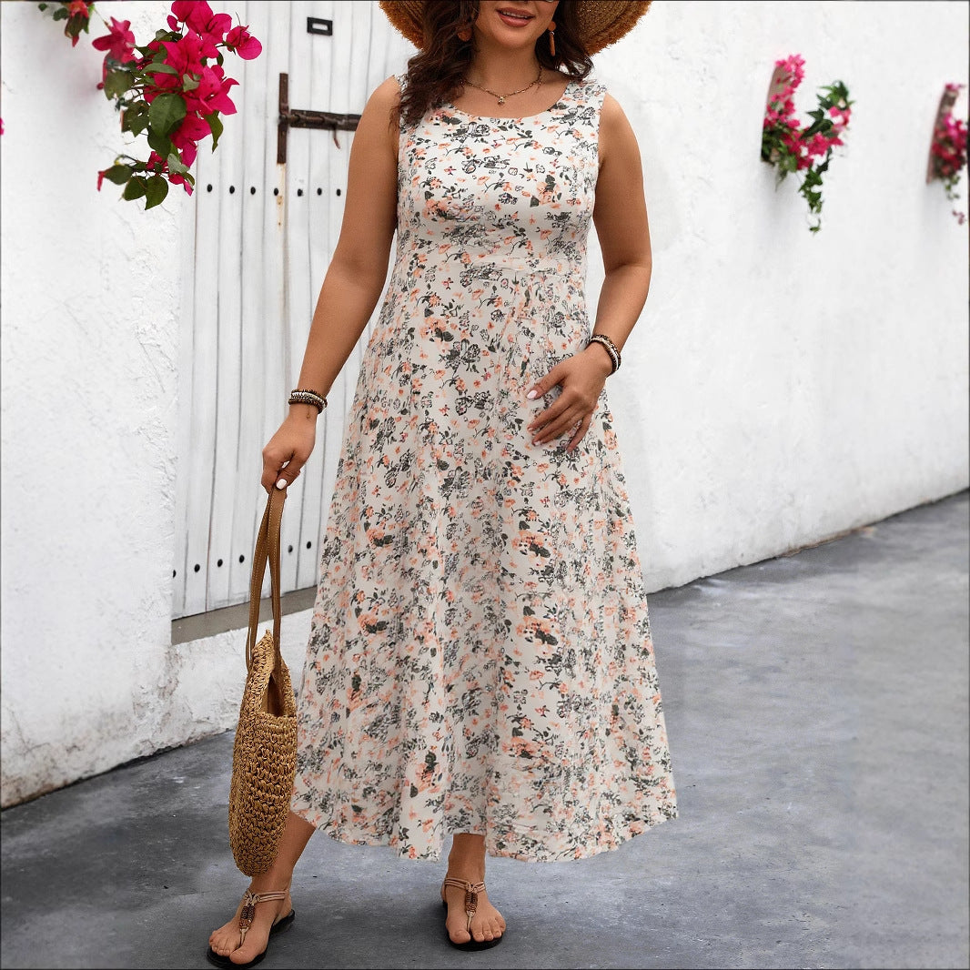 Losse jurk bedrukt mouwloos met bandjes en zakken plus size