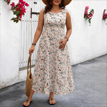 Losse jurk bedrukt mouwloos met bandjes en zakken plus size