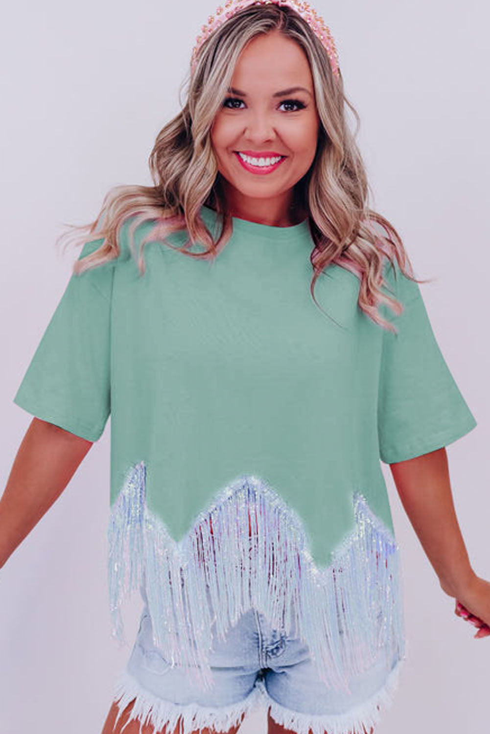 Cropped T-shirt met franjes pailletten en korte mouwen