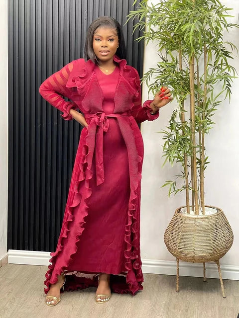 Heavy Industry Pleated Set Solid Flounced Edge Full Sleeved Sexy Evening Party Two Piece Sets for Women