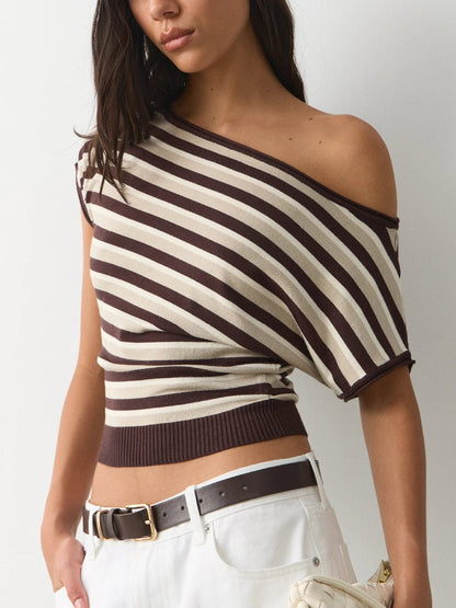 Retro Off-Shoulder Striped Knit Top