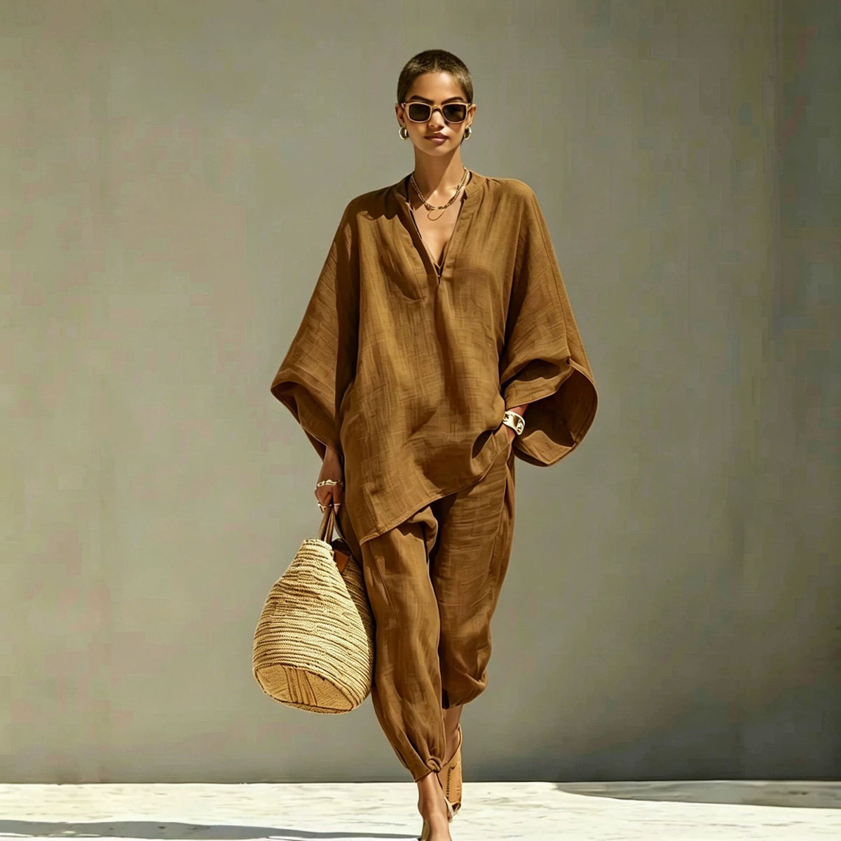 Women Casual Batwing Sleeve V-Neck Linen Blend Suit