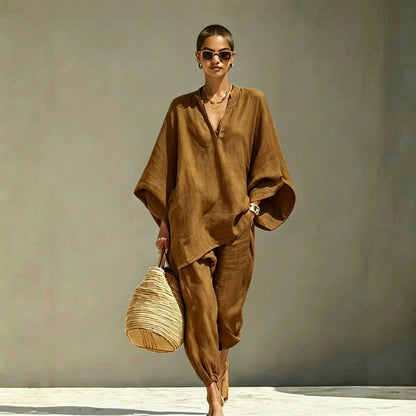 Women Casual Batwing Sleeve V-Neck Linen Blend Suit