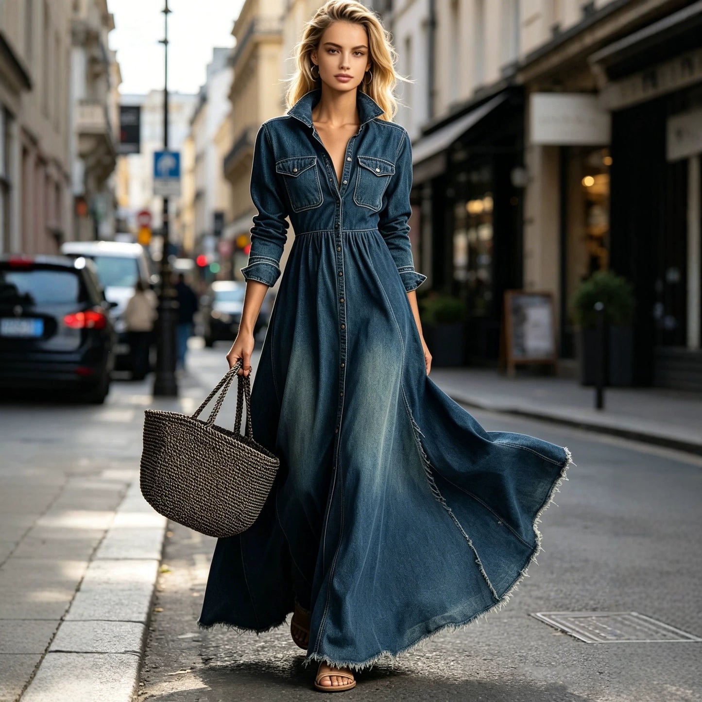 Taille-afslankende denimlook retro jurk met lange mouwen en knoopsluiting
