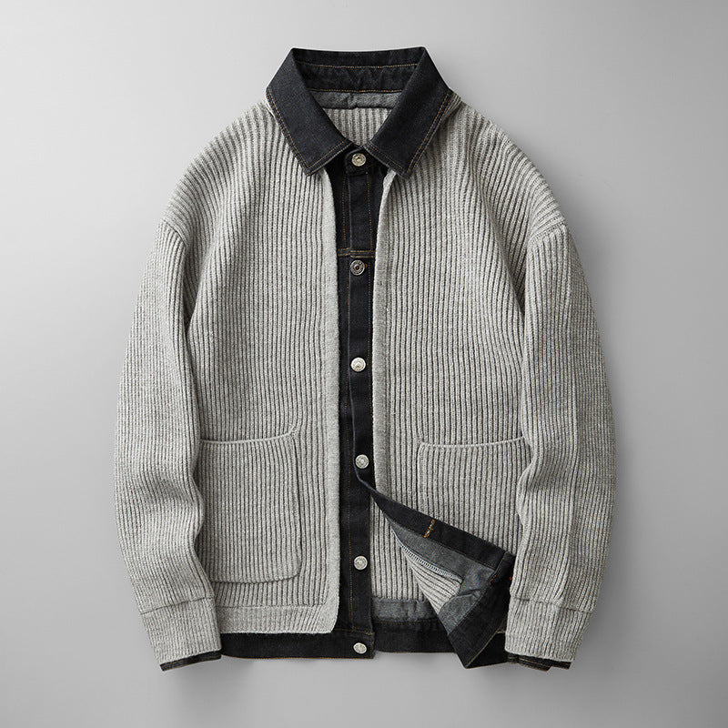 Mens Denim Patchwork Knit Cardigan