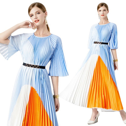Summer New Hundred Pleated Printed Long Dress With O-Neck Half Sleeves Elegant Ladies Flare Women Dresses