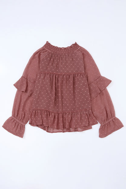 Vurig rode blouse met Zwitserse stippen vetersluiting V-hals en ruches
