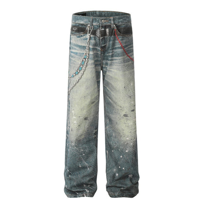 Hip hop punk chain pendant printed jeans