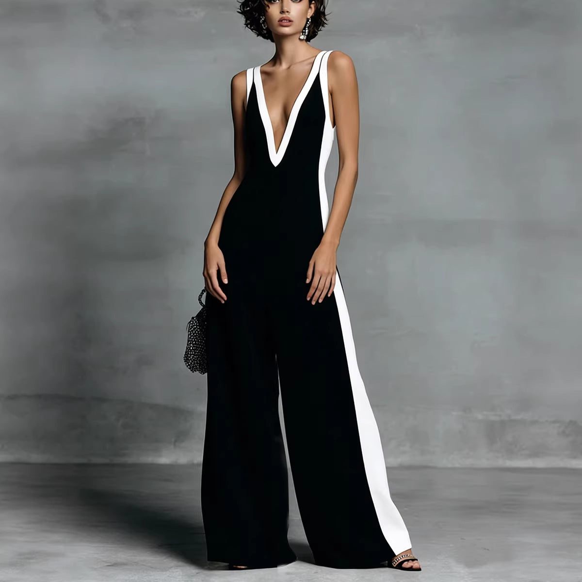 Fashion Color-block Sleeveless V-neck Wide-leg Jumpsuit for Women
