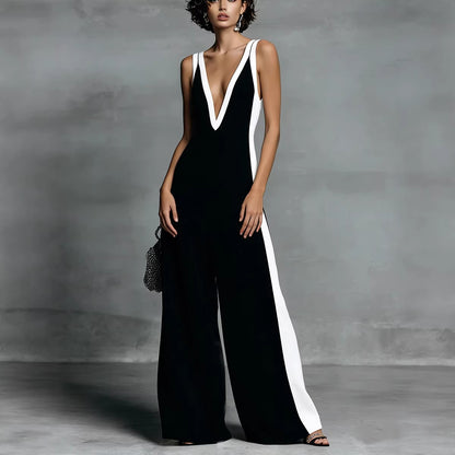 Fashion Color-block Sleeveless V-neck Wide-leg Jumpsuit for Women
