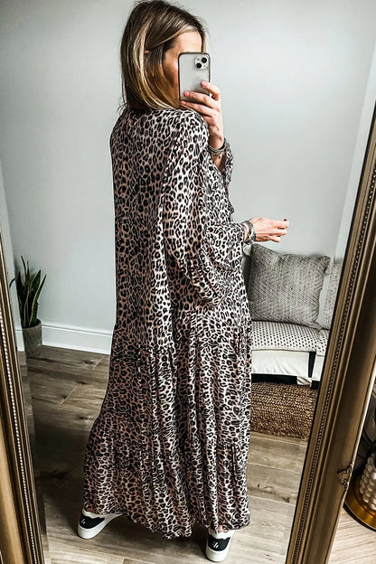 Maxi-jurk met lange mouwen en luipaardprint en inkepingen
